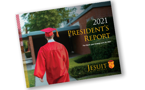 Image of front of 2021 issue with a graduate in robe striding onto campus