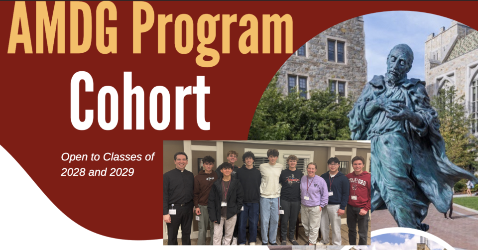 AMDG Program Cohort with photo of students, Ms. Brabec and priest 