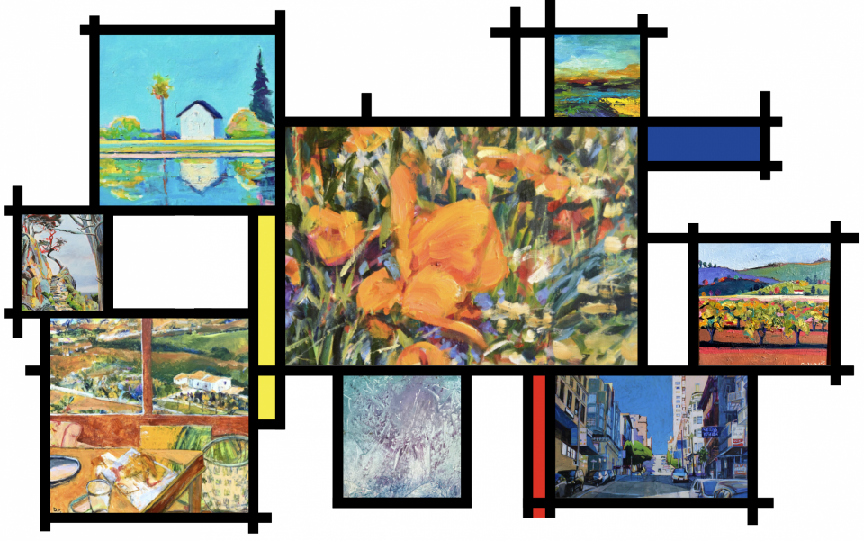 an artistic grid of 8 paintings ranging in styles from abstract to floral to a city street.