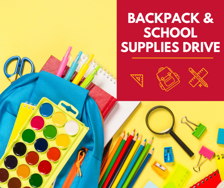 image of child's backpack filled with pencils, paints and other school supplies