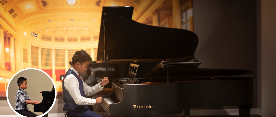 Castaneda at a beautiful piano during an audition with an inset of him as a child at piano
