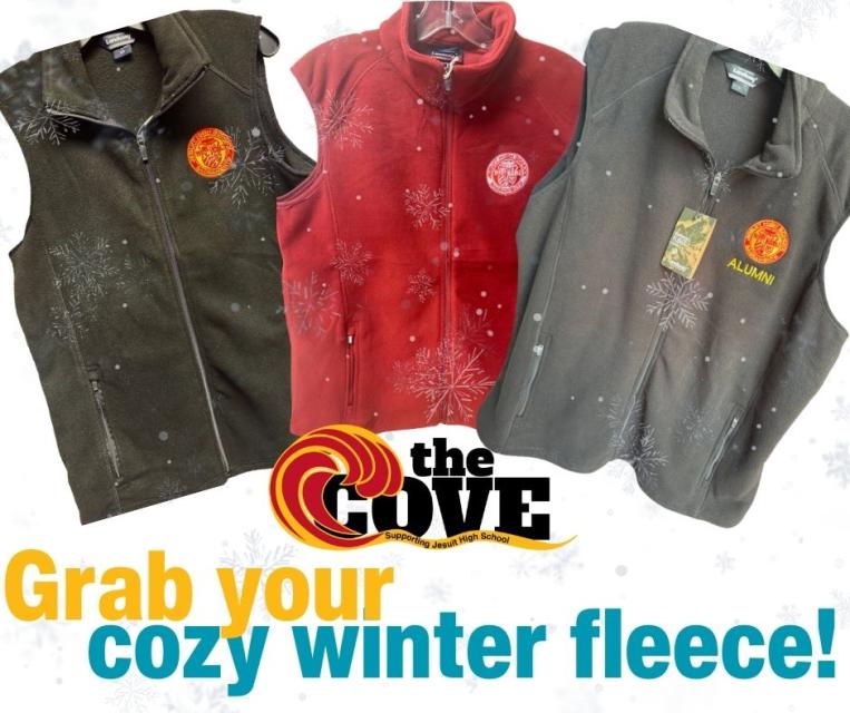 Grab your cozy winter fleece. Shows three colors of fleece vests.