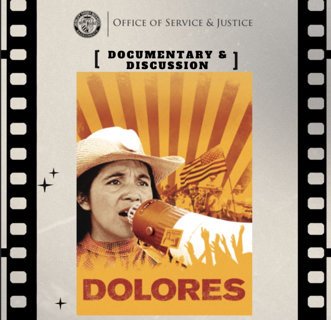 Documentary and Discussion of Dolores with poster image of her on a megaphone