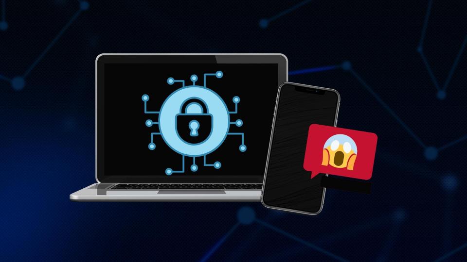 Image of a computer with safety icon and a mobile phone with scared emoji