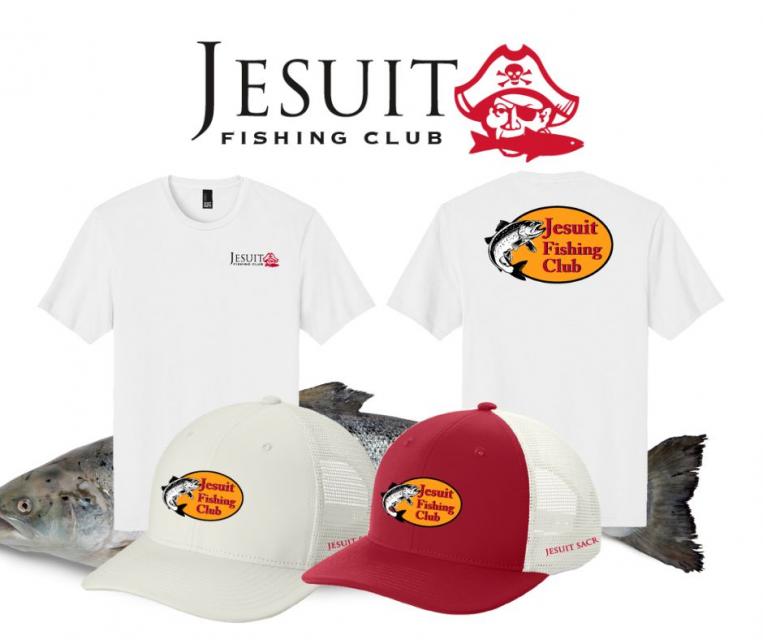 shows the Jesuit High School Fishing Club logo with Marauder and fish, tshirts and hats