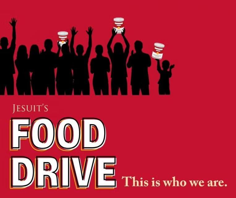 silhouettes of people holding giant cans with "Food Drive. This is who we are"