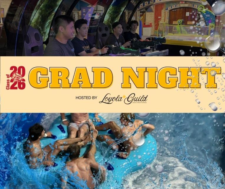 Grad Night Class of 2026 has image of seniors playing video games and splashing down a slide