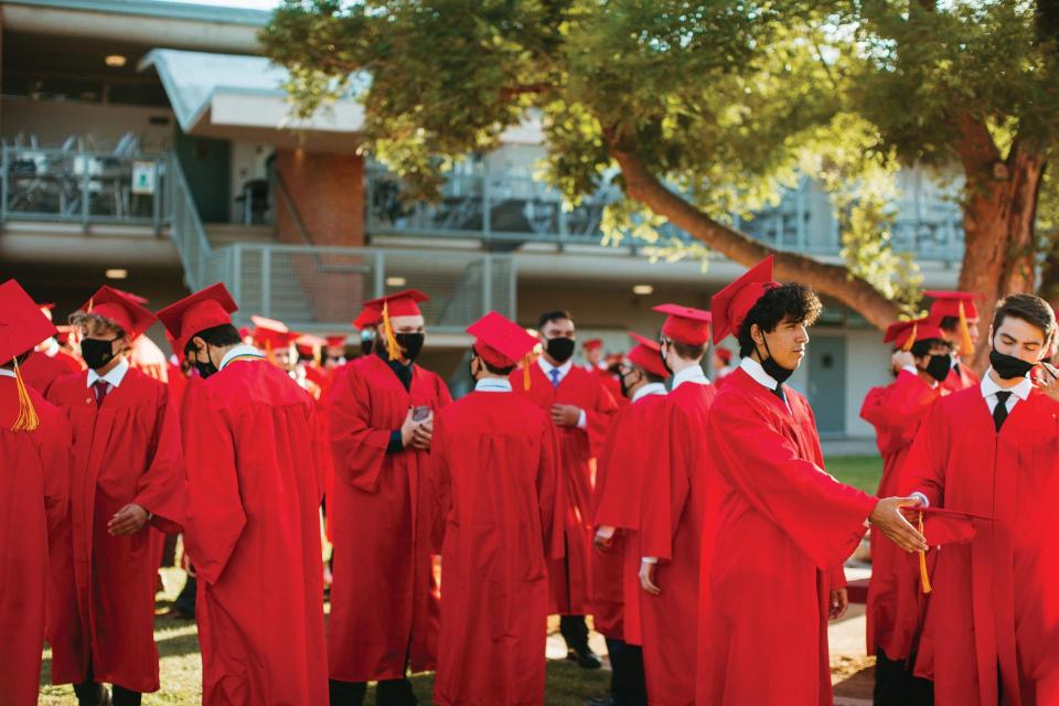 Images of graduates gathering before ceremony on campus