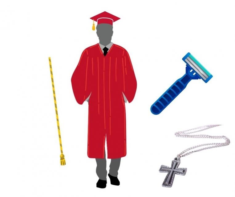 illustrated image of graduate in cap and gown with razor, kairos cross and cord floating around him