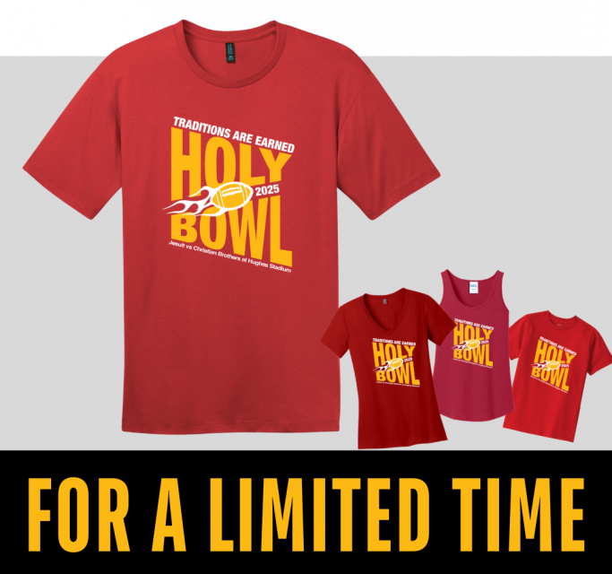 Image of red shirt with Holy Bowl stylized and football with flames, shows an adult shirt, tank top, ladies shirt and youth shirt