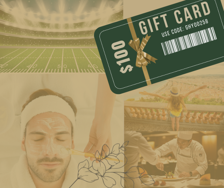 collage of beauty treatments, travel, dining, sports and a gift card