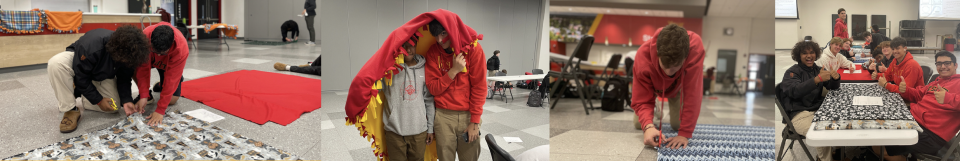 images of students cutting fabric, smiling, holding up finished blankets