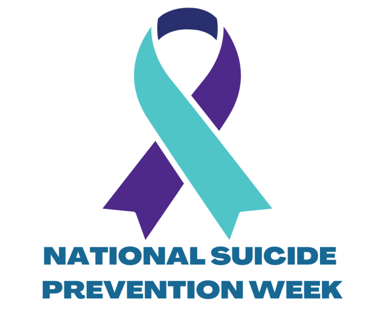 National Suicide Prevention Week with teal and purple ribbon illustration
