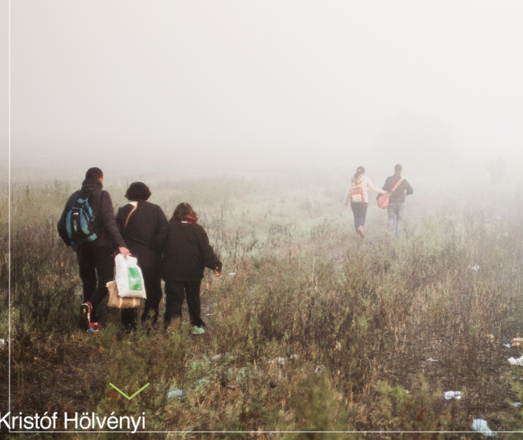 Image of refugees walking through a misty field