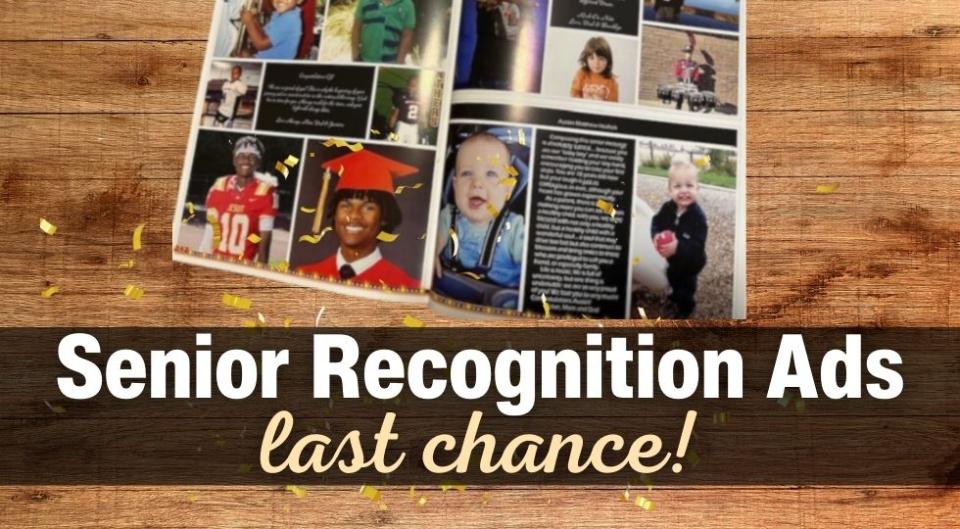 yearbook open with words "Senior Recognition Ads"