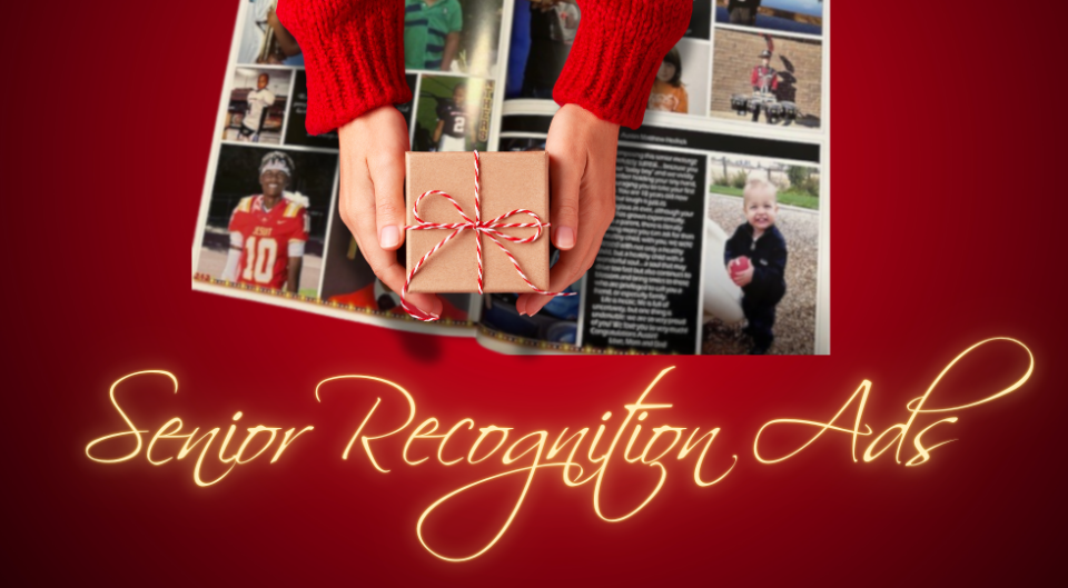 yearbook open with a person holding a gift and words "Senior Recognition Ads"