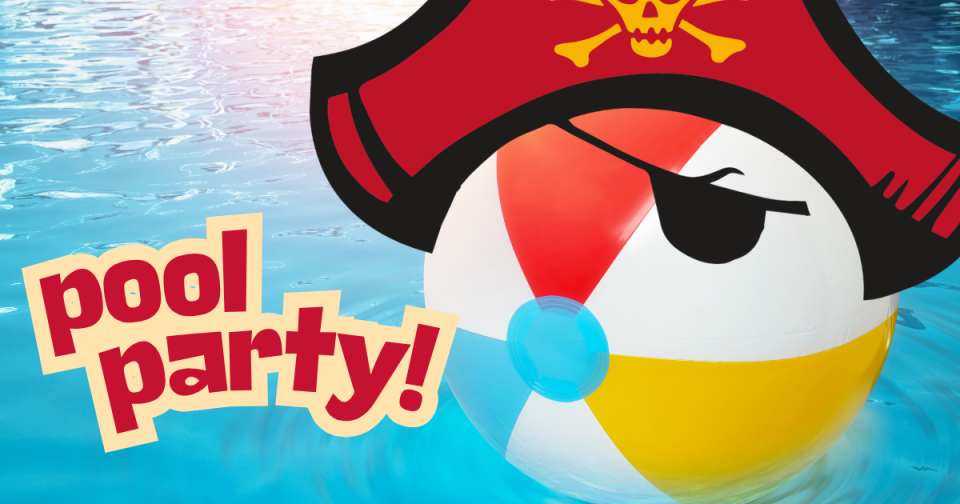Pool Party with beach ball wearing a cartoon Marauder hat and eye patch
