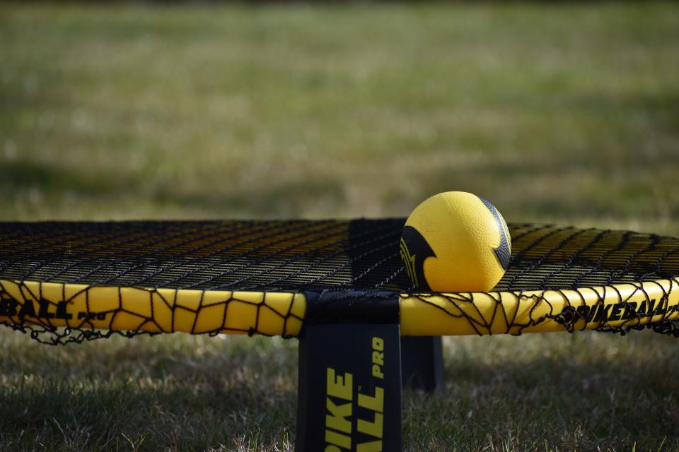Close up of a ball resting on a spikeball net on the grass.