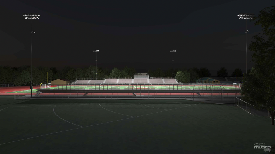 Rendering of proposed lighting on a dark night showing the gentle. targeted glow of proposed lights