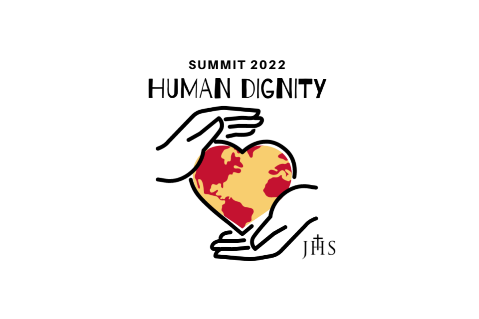 Summit logo with two illustrated hands holding a heart shaped world in red and gold.