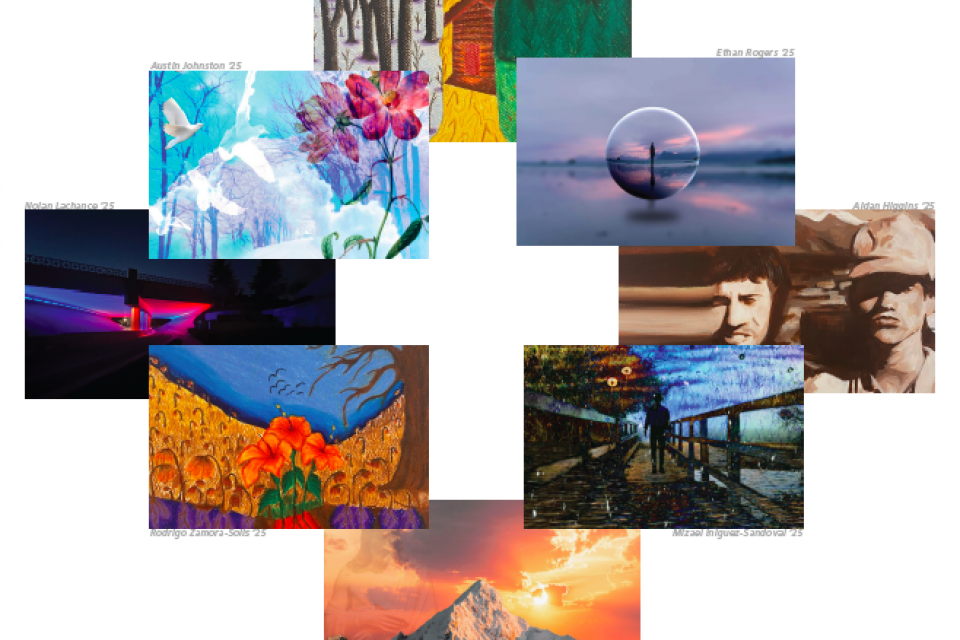 a montage of student artwork including photos and paintings