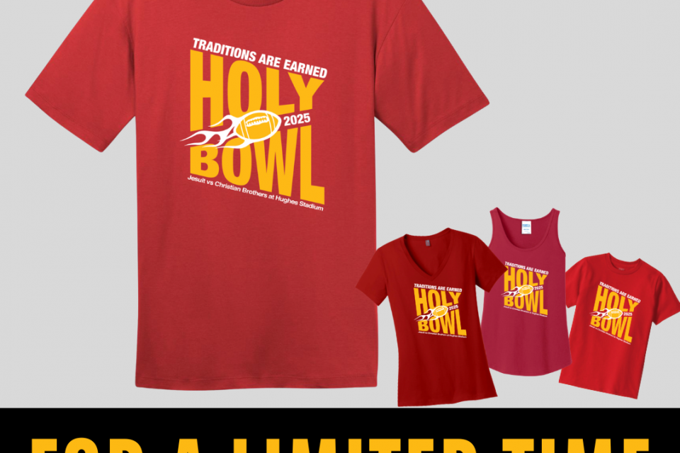 Image of red shirt with Holy Bowl stylized and football with flames, shows an adult shirt, tank top, ladies shirt and youth shirt