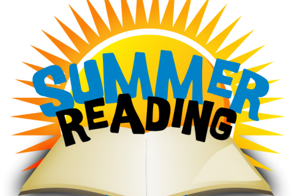 Summer reading with illustration of sun setting on an open book