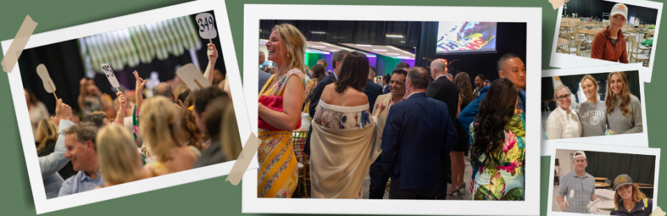 photo collage of volunteers setting up, people bidding on live items and mingling in room