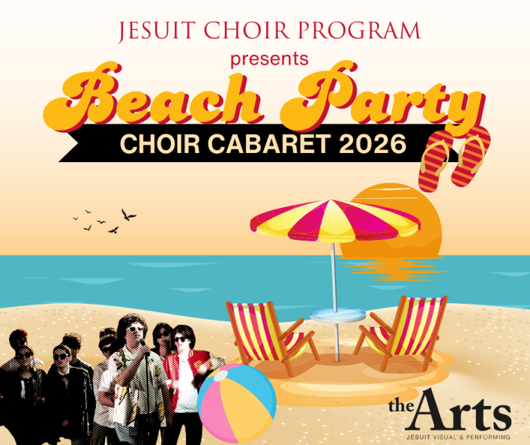 illustration of two chairs and umbrella on a beach with "Beach Party" and stylized choir singers in sunglasses with mic