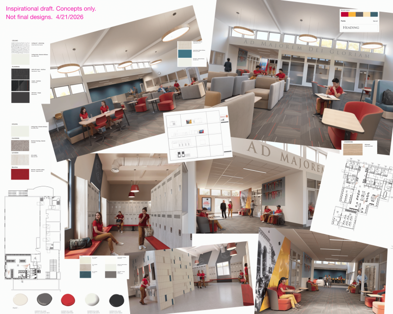 design concept board with paint swatches, tile and floor options, photos of library with open spaces and new seating, new girls locker room 