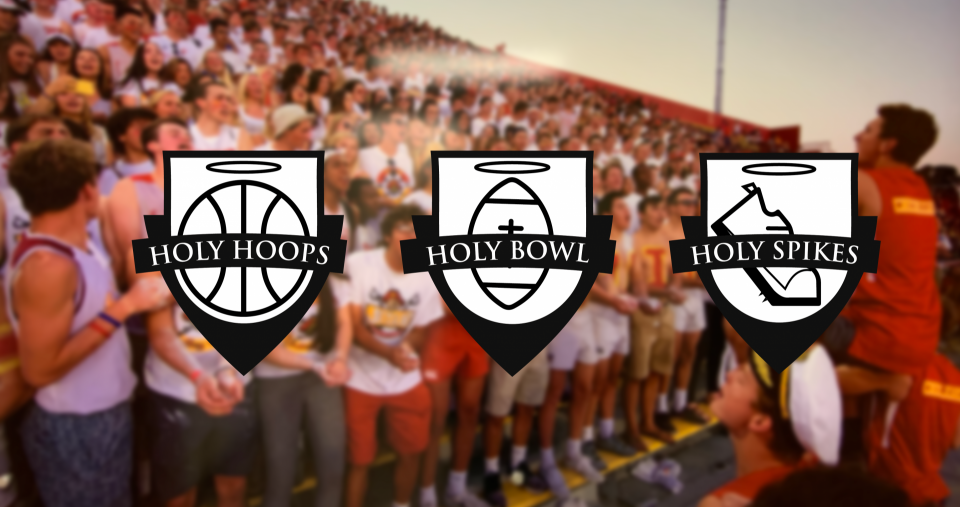 Crowd cheering with Holy Hoops, Holy Bowl and Holy Spikes overlaid