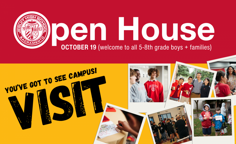 Visit Jesuit during Open House on Oct 19. Photos of kids holding passports, smiling, families