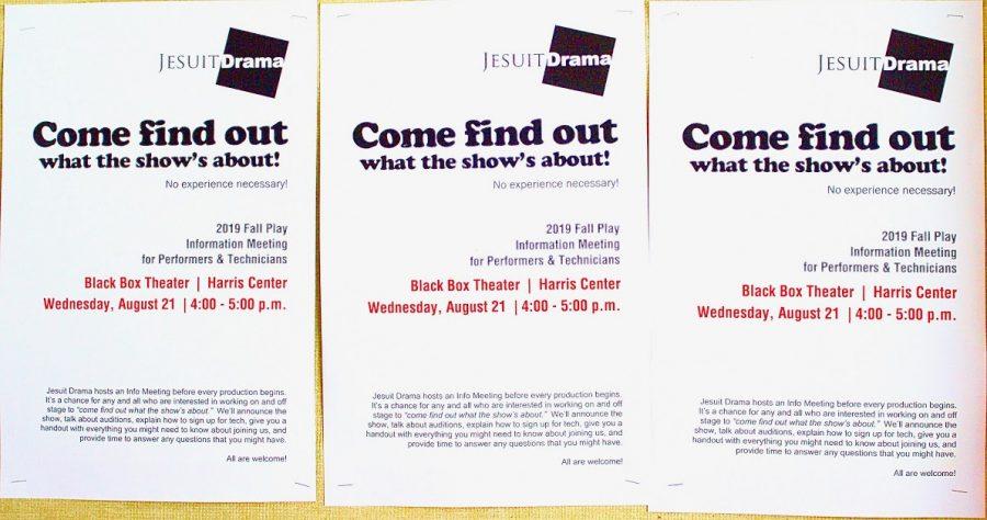 Three posters stapled to bulletin board inviting students to "Come find out what the show's about!"