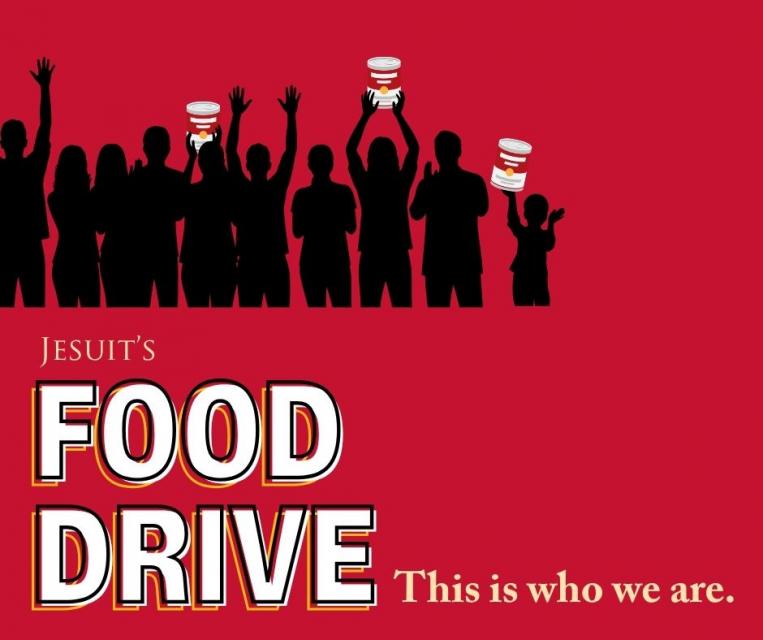 graphic showing silhouette of crowd cheering and holding up big cans with "Jesuit Food Drive. This is who we are."