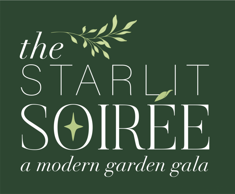 dark green with white and light green "The Starlit Soiree - a modern garden gala" with botanical illustration elements