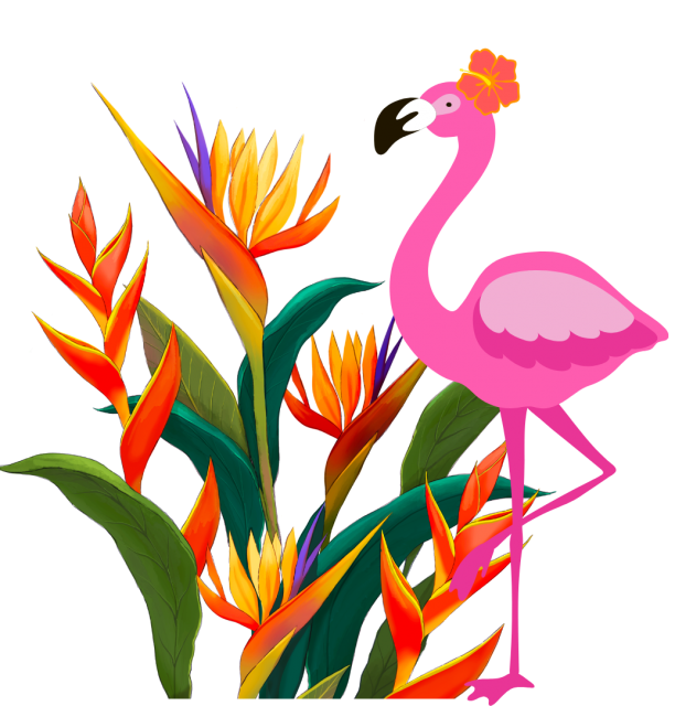 illustration of bright birds of paradise flowers with flamingo